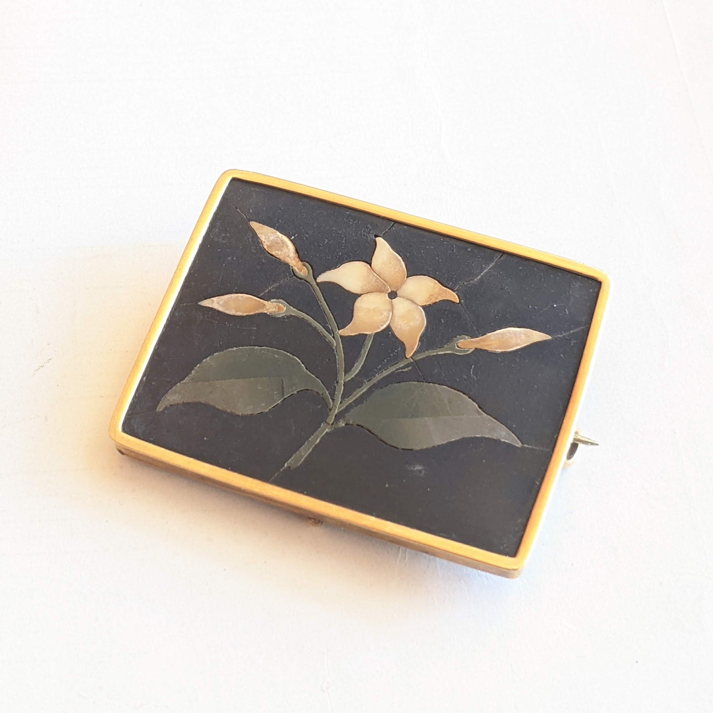 19th c. 14k Gold Pietra Dura Brooch