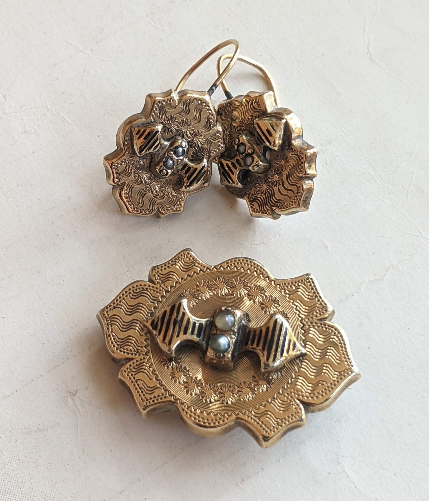 c. 1880s 9k Gold Demi Parure Earrings + Brooch
