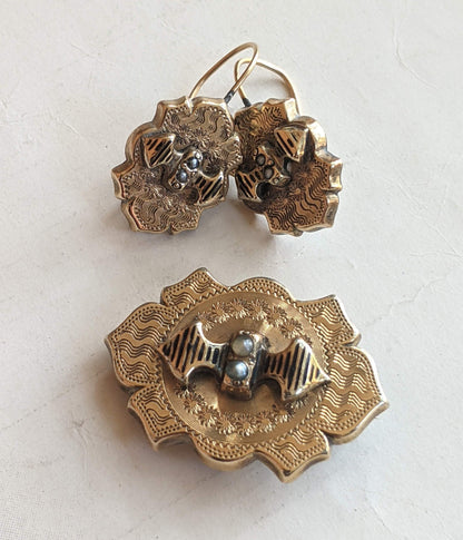 c. 1880s 9k Gold Demi Parure Earrings + Brooch