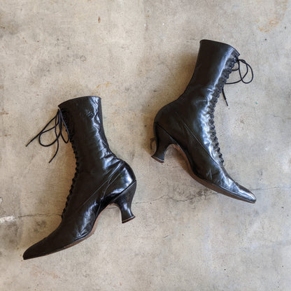 c. 1910s-1920s Black Louis Heel Boots | Approx Sz 5-6