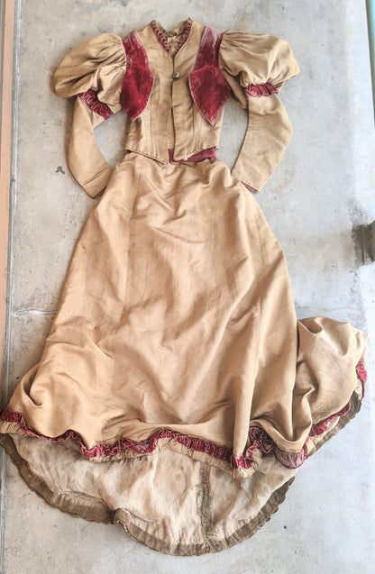 c. 1890s Gold and Burgundy Silk Dress | Study + Display