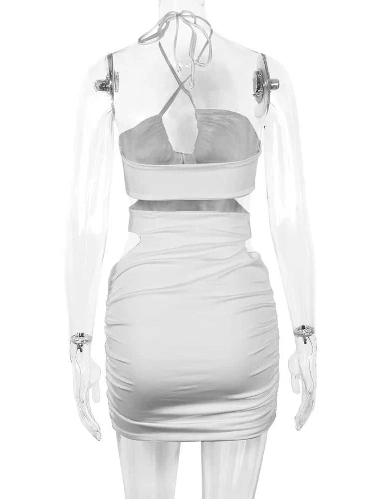 Kesiachiccly Double Layers Ruched Bodycon Dress Women Halter Bandage MThe Plug