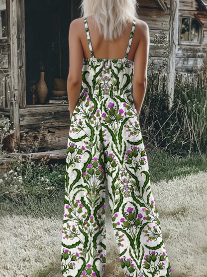 Women's Boho Floral Print Jumpsuit, Casual Summer Spaghetti Strap WideThe Plug