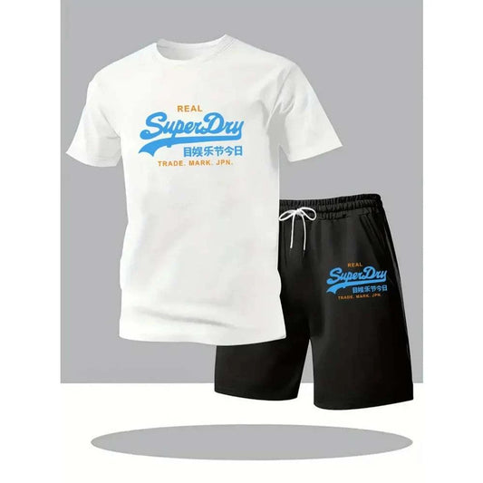 Men's casual summer two-piece sports set with short sleeve t-shirt and shorts in breathable polyester material