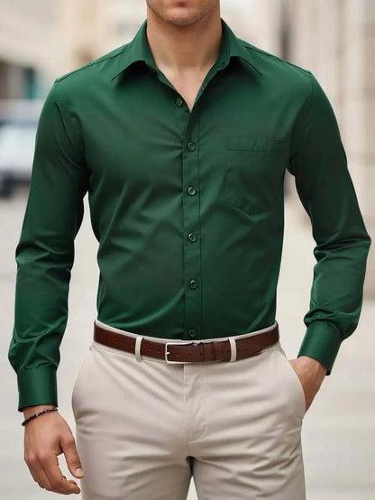 Mens Long Sleeve Solid Slim Fit Dress Shirt Casual Business With PockeThe Plug