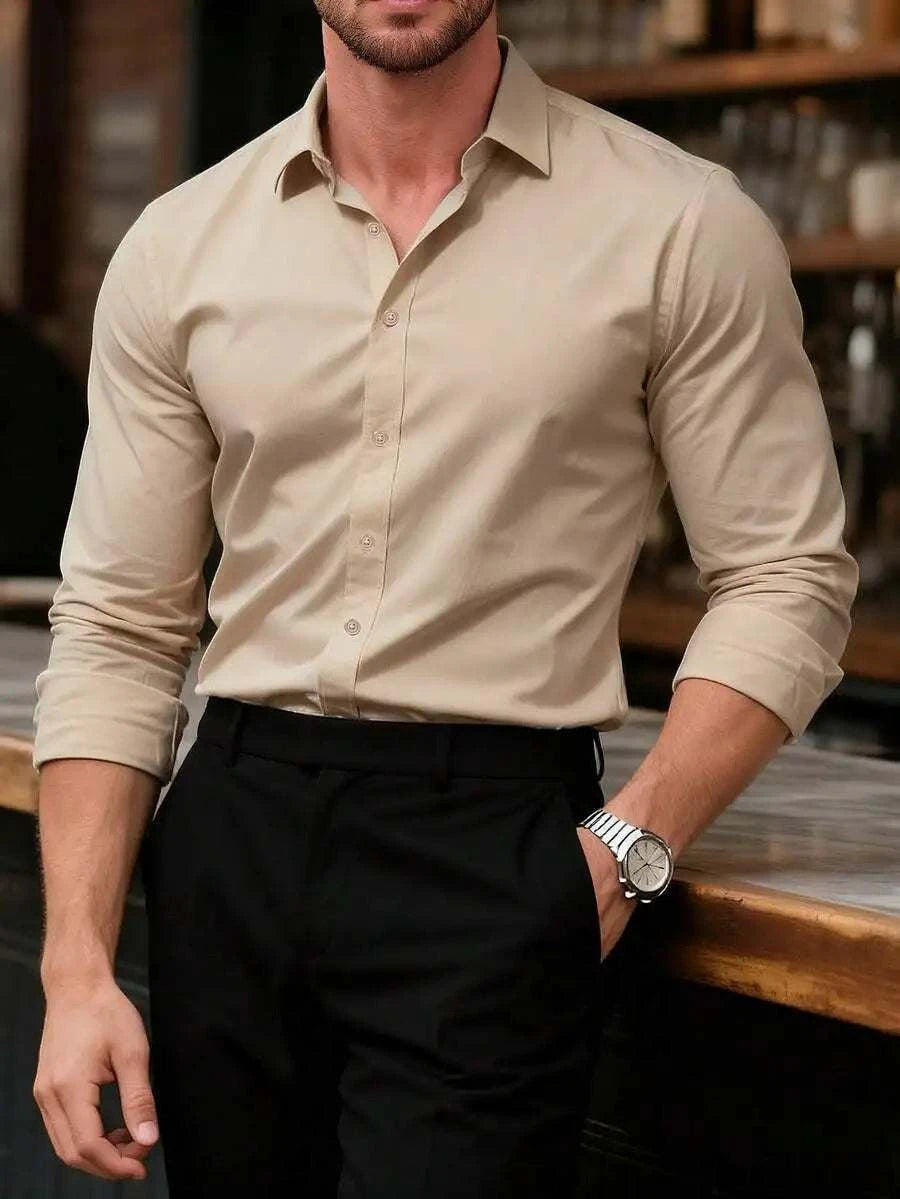Solid Color Long Sleeve Casual Shirt With Turn-Down Collar For MenThe Plug