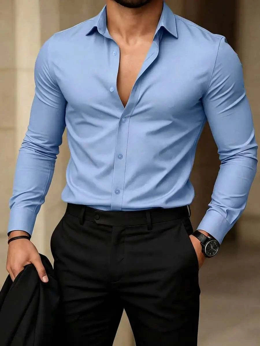 Men's solid color long sleeve casual shirt with turn-down collar and single-breasted closure