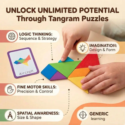 67pcs Wooden Tangram Puzzle Set, Includes 60 Double-Sided Cards, STEM The Plug
