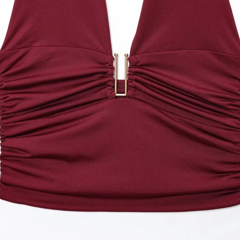 HXAO Women Tops Corset Halter Crop Top Woman Summer Pleated Tight Party Tops Ties Backless Sexy Top Off Shoulder Burgundy Top