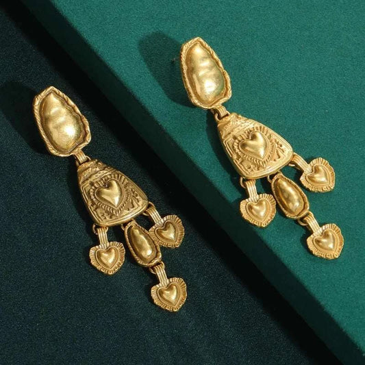 Vintage Drop Heart Earrings Woman Antique Gold Color Retro Love Long WThe Plug