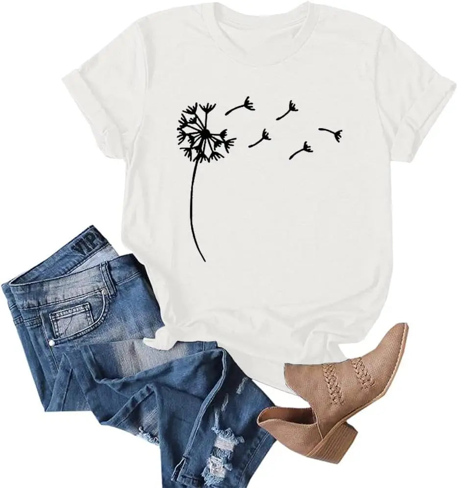 Women's Dandelion Print T Shirts Cute Graphic Tees Short Sleeve SummerThe Plug