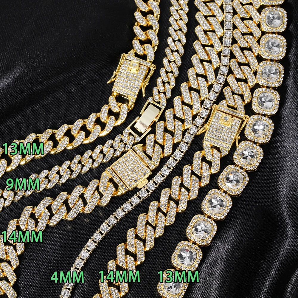 3pc Men's Hip Hop Cuban Chain Watch Set – Iced Out Rhinestone Necklace & Bracelet