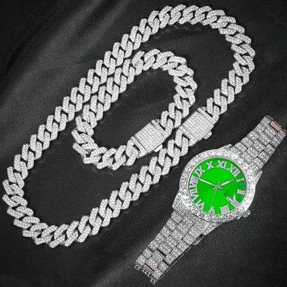 3pc Men's Hip Hop Cuban Chain Watch Set – Iced Out Rhinestone Necklace & Bracelet