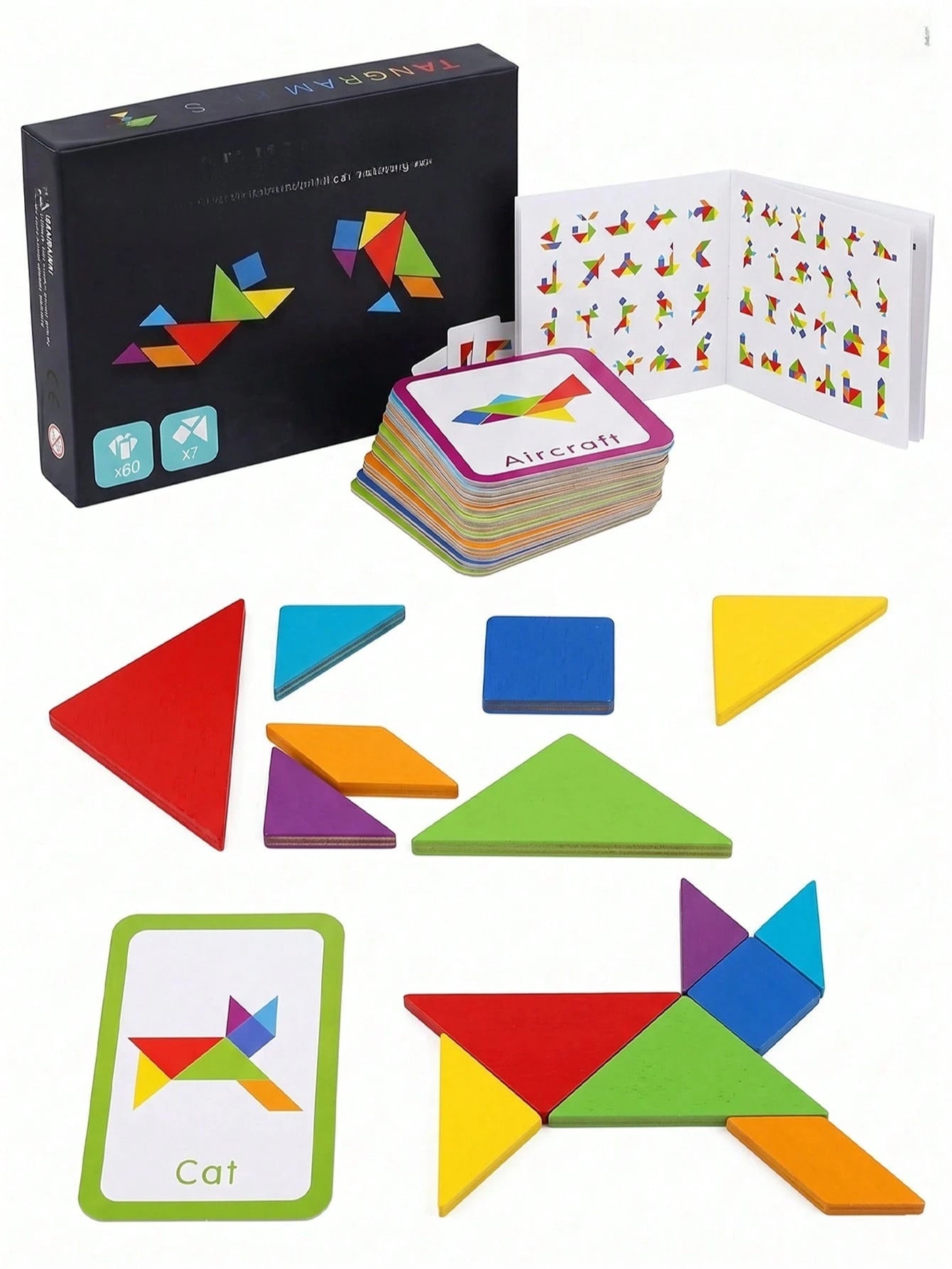 67pcs Wooden Tangram Puzzle Set, Includes 60 Double-Sided Cards, STEM The Plug