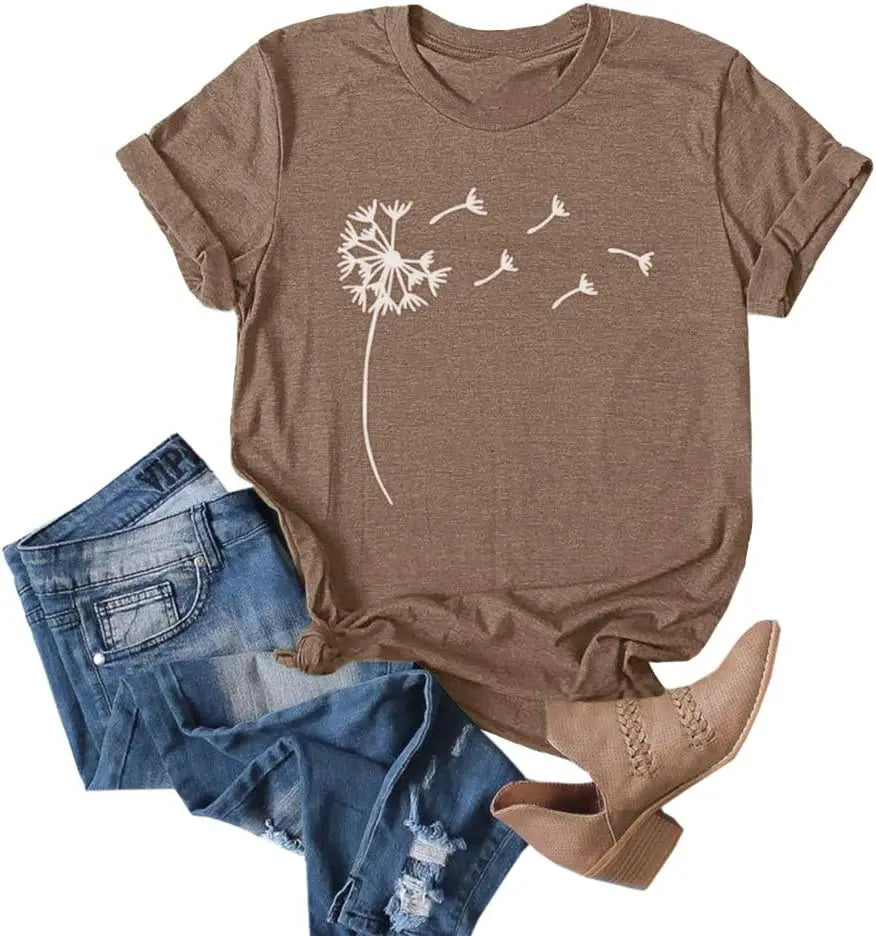Women's Dandelion Print T Shirts Cute Graphic Tees Short Sleeve SummerThe Plug