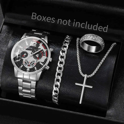 Men's 4pc Fashion Quartz Watch & Jewelry Set – Necklace, Bracelet & Ring