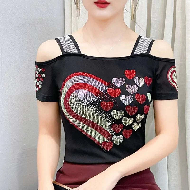 Streetwear Summer Women's Clothes T-Shirts Chic Flower Hot Diamonds LuThe Plug