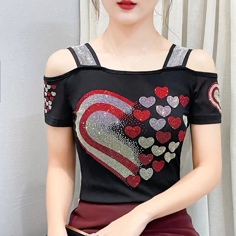 Streetwear Summer Women's Clothes T-Shirts Chic Flower Hot Diamonds Luxury Tees Sexy Girl Off Shoulder Slim Brand Tops