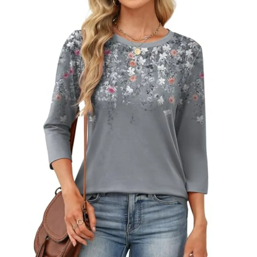 OFEEFAN 3/4 Length Sleeve Womens Tops Dressy Casual Blouses Crew Neck The Plug