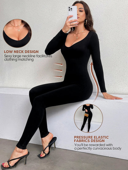 Women Workout Seamless Jumpsuit Yoga Ribbed One Piece Long Sleeve LeggThe Plug