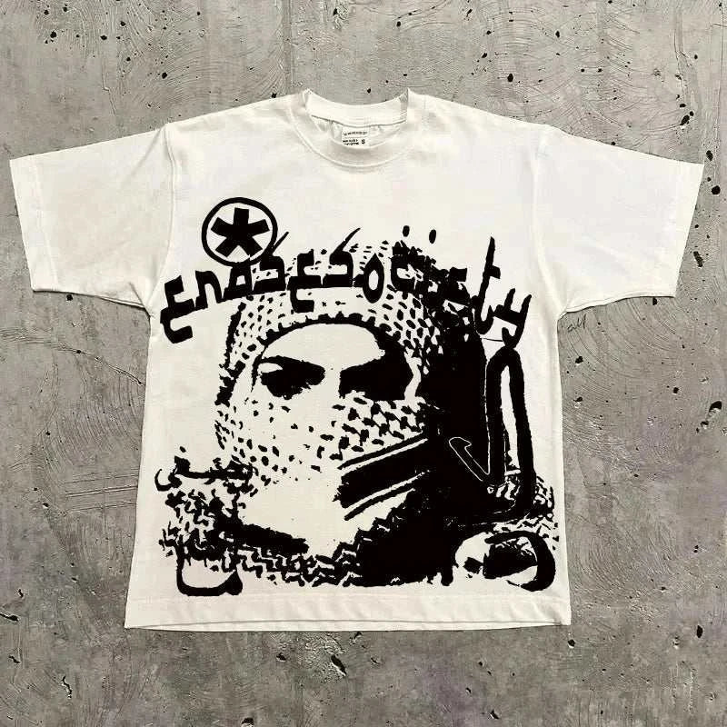 Model wearing an oversized vintage graphic t-shirt with a geometric pattern and streetwear aesthetic.