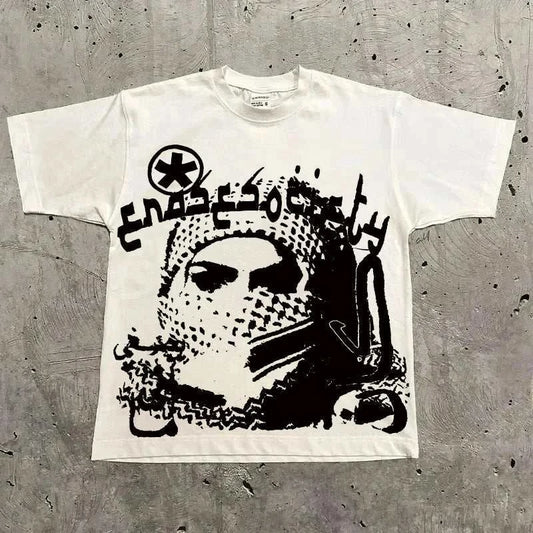 Men wearing vintage oversized graphic T-shirt with geometric pattern