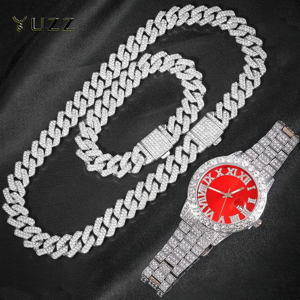 3pc Men's Hip Hop Cuban Chain Watch Set – Iced Out Rhinestone Necklace & Bracelet