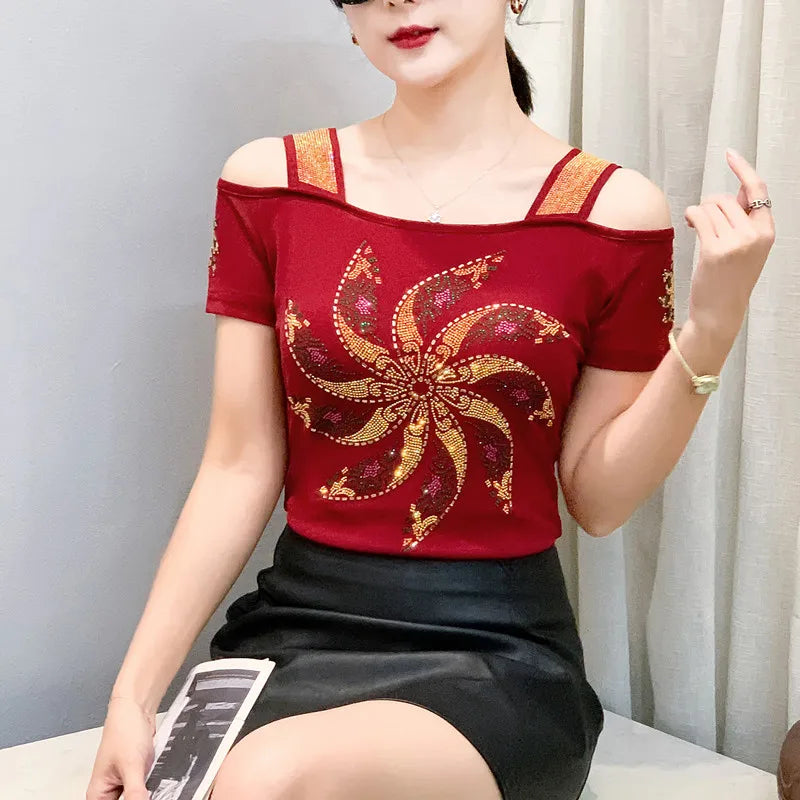 Streetwear Summer Women's Clothes T-Shirts Chic Flower Hot Diamonds Luxury Tees Sexy Girl Off Shoulder Slim Brand Tops
