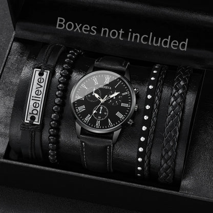 Men's Fashion Quartz Watch & Leather Bracelet Set (4/5pc)