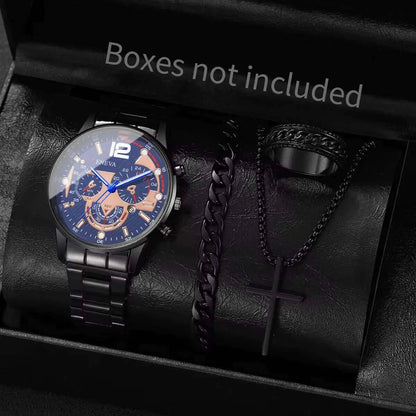 Men's 4pc Fashion Quartz Watch & Jewelry Set – Necklace, Bracelet & Ring