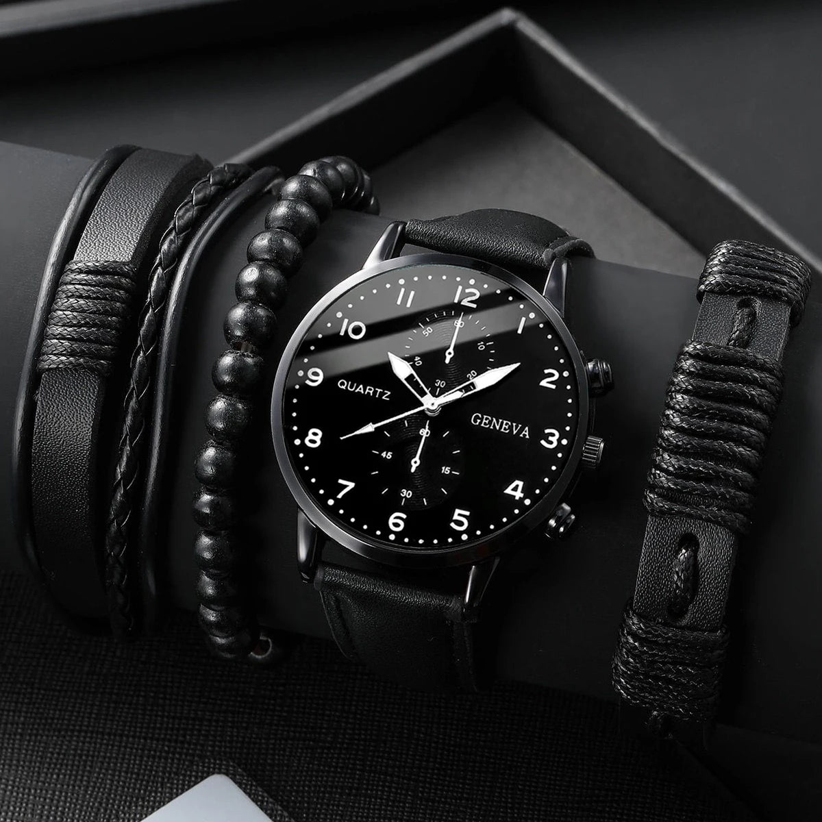 Men's Fashion Quartz Watch & Leather Bracelet Set (4/5pc)