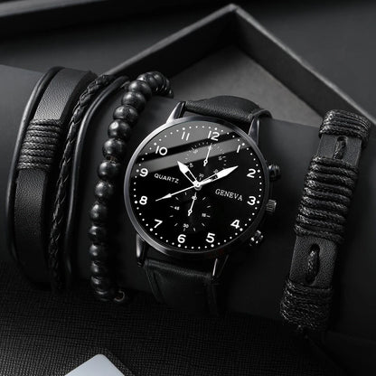 Men's Fashion Quartz Watch & Leather Bracelet Set (4/5pc)