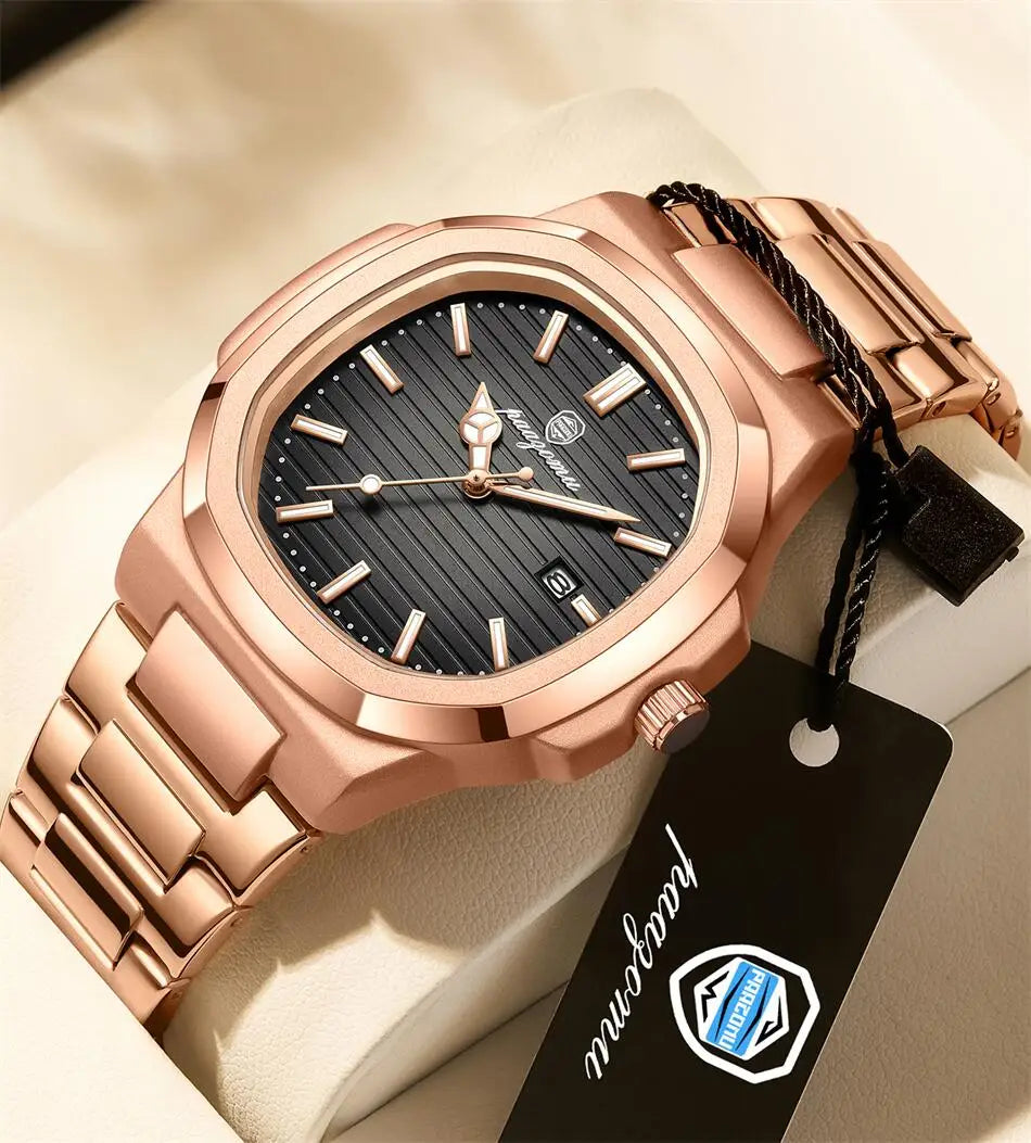 Men's Stainless Steel Waterproof Quartz Watch - Luminous Date & Week Display