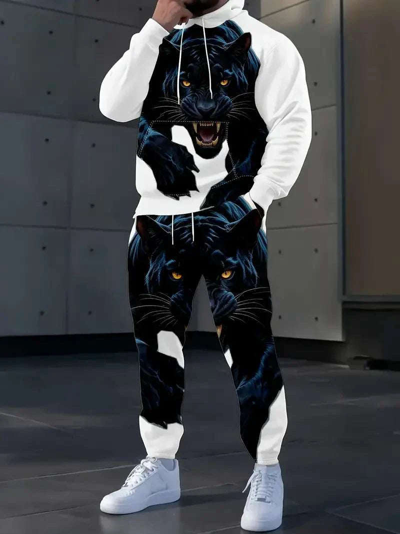 Trendy men's 3D animal tiger print hoodie and pants set for casual autumn and winter wear