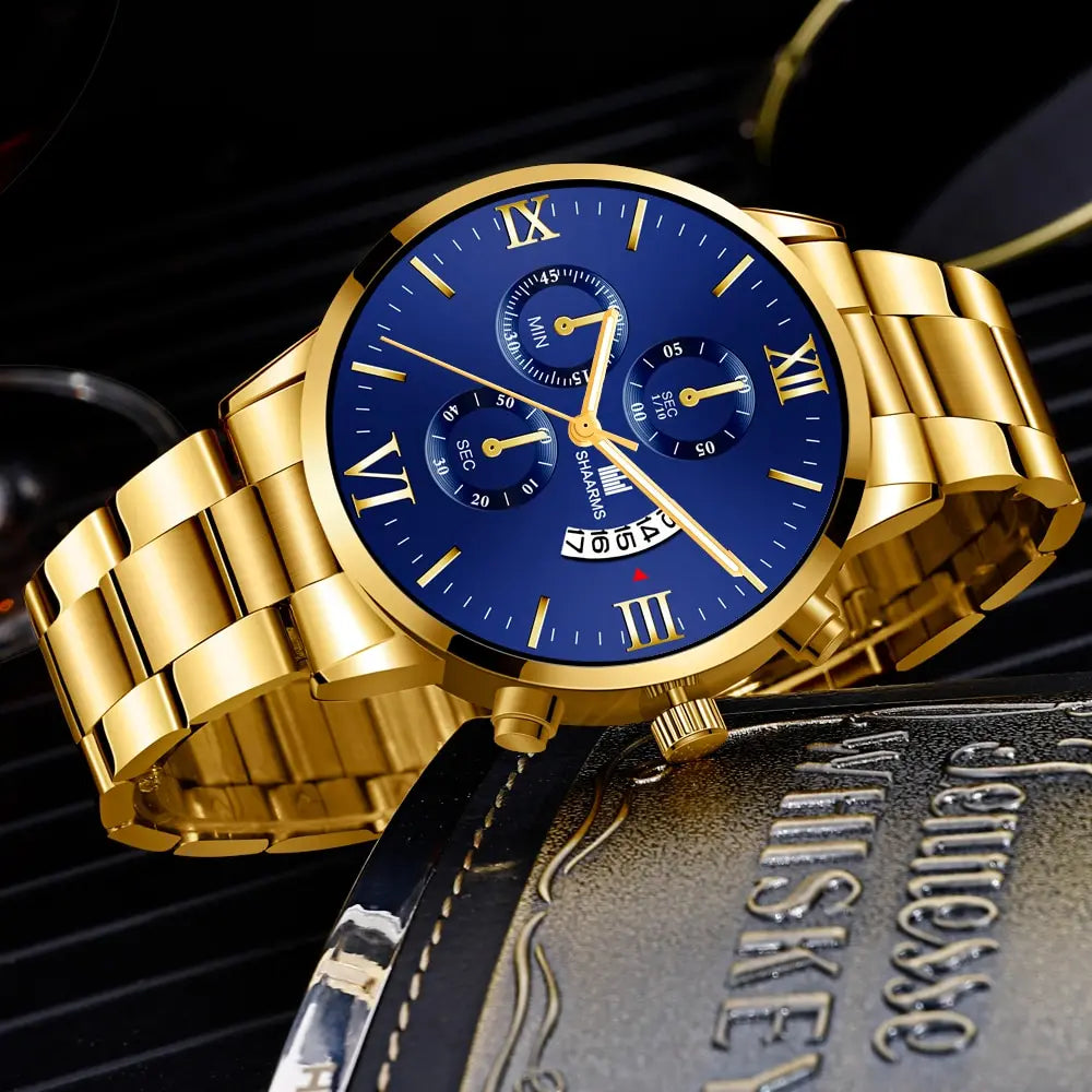 Men's Business Quartz Watch - Three-Eye Calendar, Stainless Steel Band