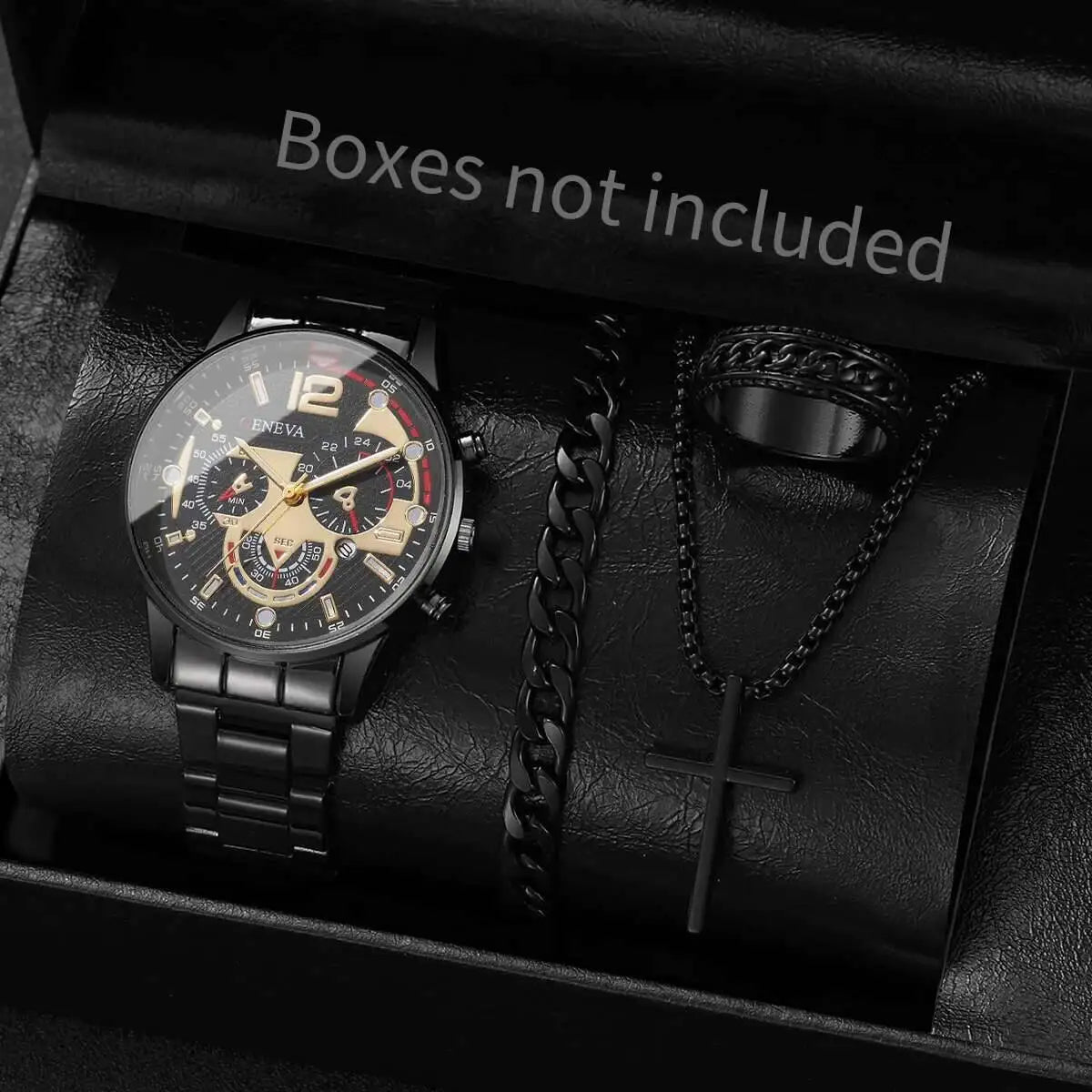 Men's 4pc Fashion Quartz Watch & Jewelry Set – Necklace, Bracelet & Ring