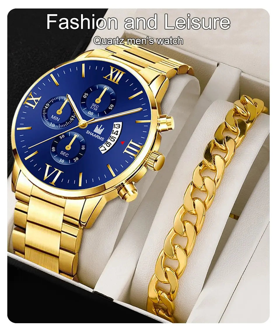 Men's Business Quartz Watch - Three-Eye Calendar, Stainless Steel Band