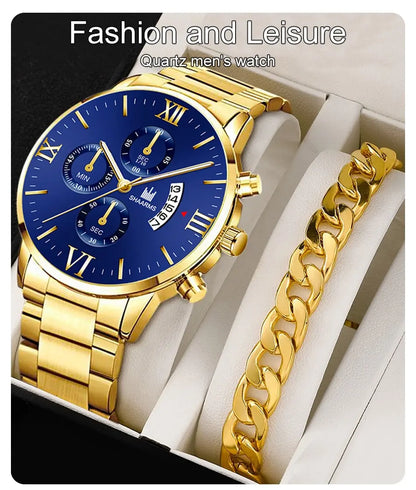 Men's Business Quartz Watch - Three-Eye Calendar, Stainless Steel Band
