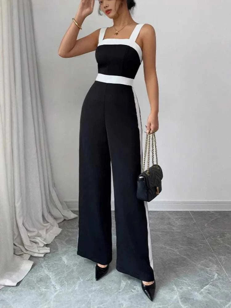 Women's Casual Black Jumpsuit White Contrast Trim Square Neck Great foThe Plug