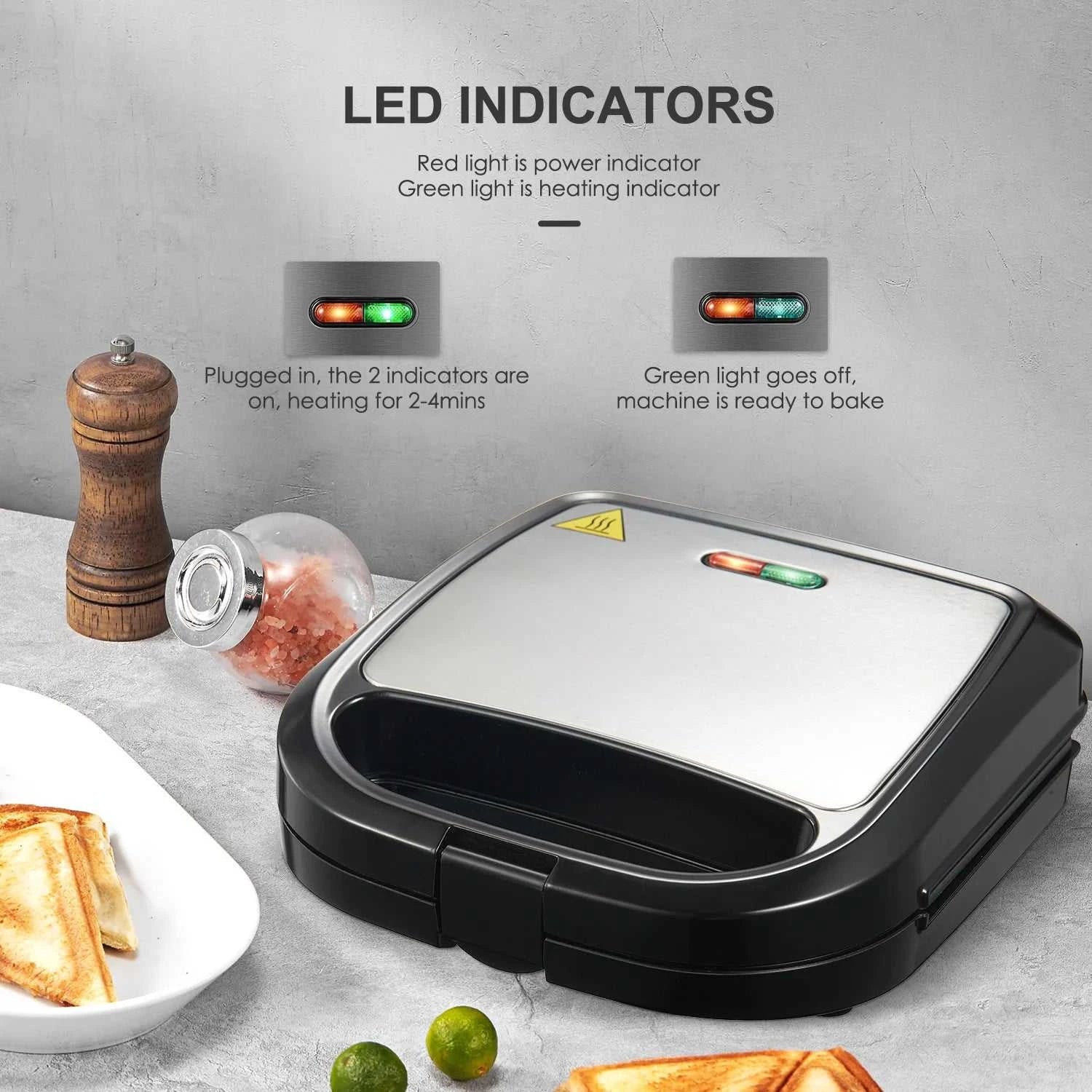 Stainless Steel 750W Sandwich & Panini Press, 2-Slice Non-Stick Grill The Plug