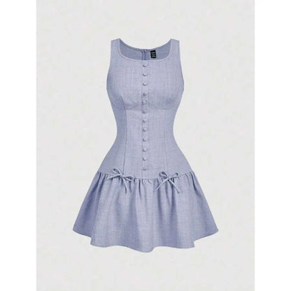 Middle-age woman wearing a knee-length knit summer dress with MOD button and bow decor