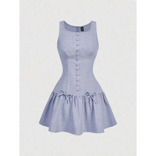Middle-age woman wearing a knee-length knit summer dress with MOD button and bow decor