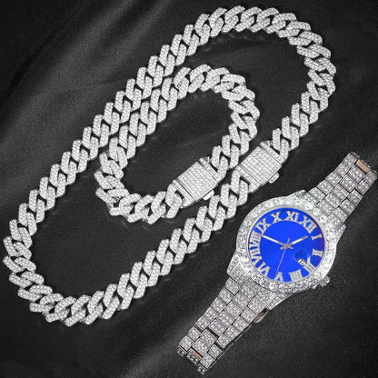 3pc Men's Hip Hop Cuban Chain Watch Set – Iced Out Rhinestone Necklace & Bracelet