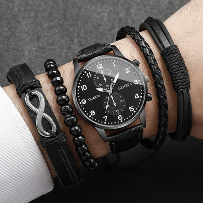 Men's Fashion Quartz Watch & Leather Bracelet Set (4/5pc)