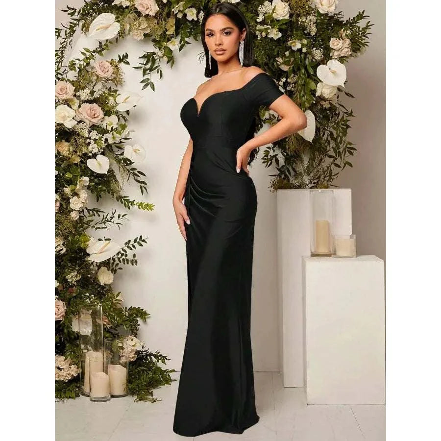 【New style】Off-The-Shoulder Ruched High Slit Knee-Length Elegant Sexy The Plug