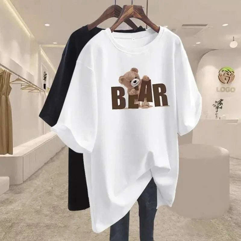 Summer Chic Letter Printing Bear T-shirt Women O-neck Short Sleeve CotThe Plug