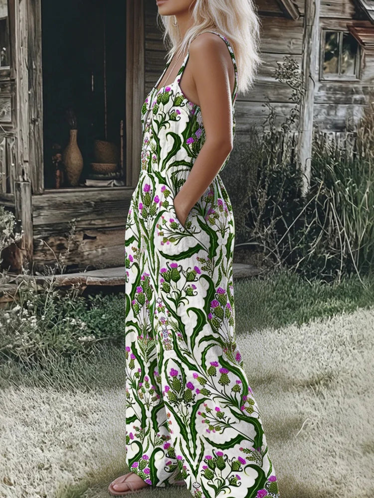 Women's Boho Floral Print Jumpsuit, Casual Summer Spaghetti Strap WideThe Plug