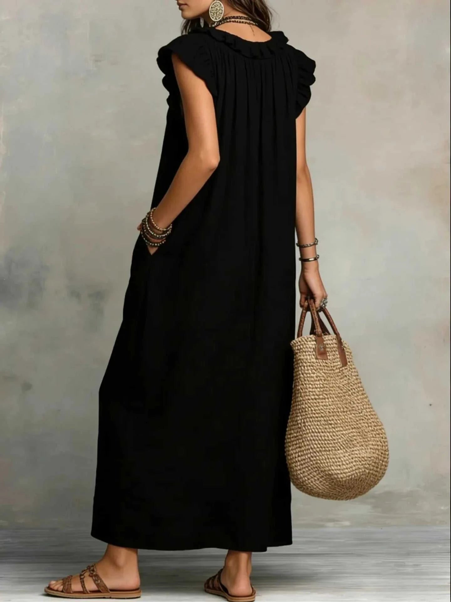 Women's Retro Bohemian Ruffle Linen Maxi Dress, Ruffle V-Neck SleeveleThe Plug