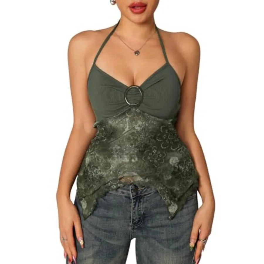 Verdusa Women's Y2k Halter Top Fairy 2000s Clothing Asymmetrical GoingThe Plug