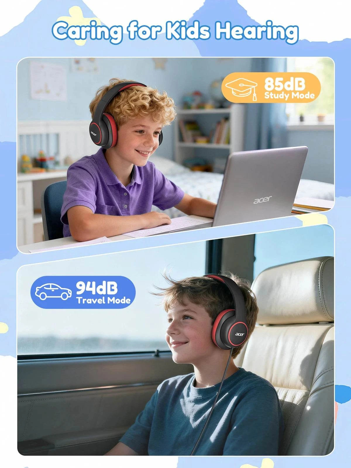 Acer OHR328 Kids Headphones Wired for School Over Ear Design 85/94dB SThe Plug
